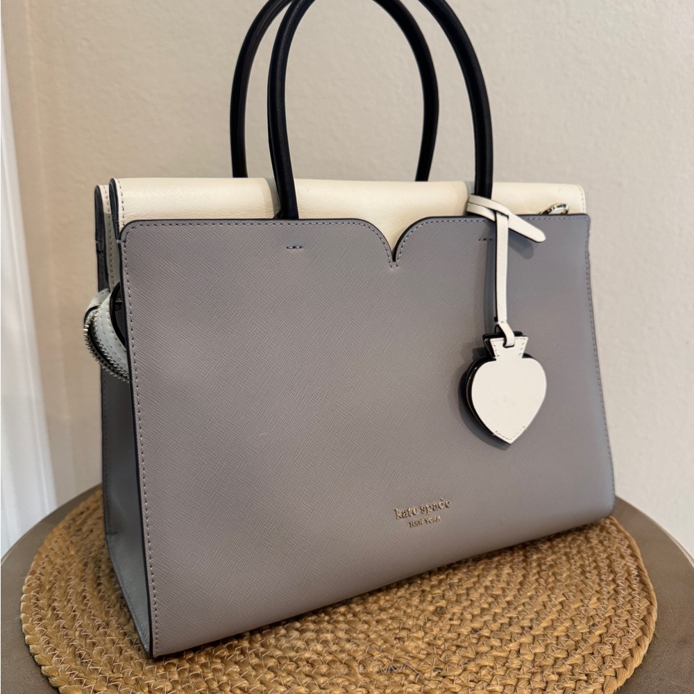 Kate Spade Gray and White Satchel with Structured Shape and Heart Charm